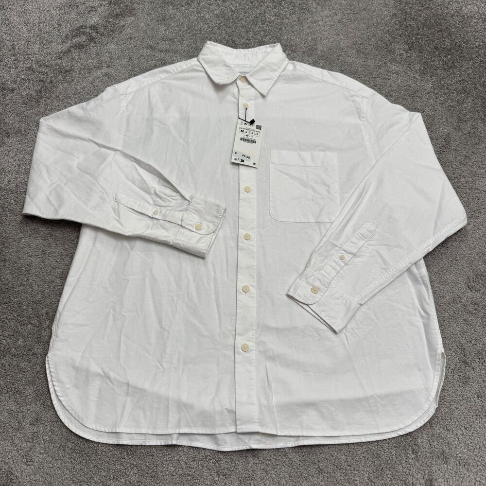 Zara Textured Cotton Oxford Relaxed Fit Button Down Shirt Mens Medium White NWT